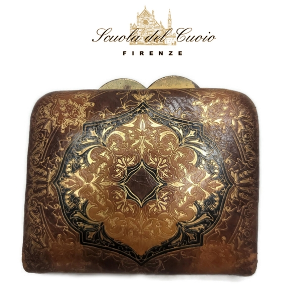Leather school Florence Italy vintage kiss clasp tooled leather coin purse - Picture 1 of 10